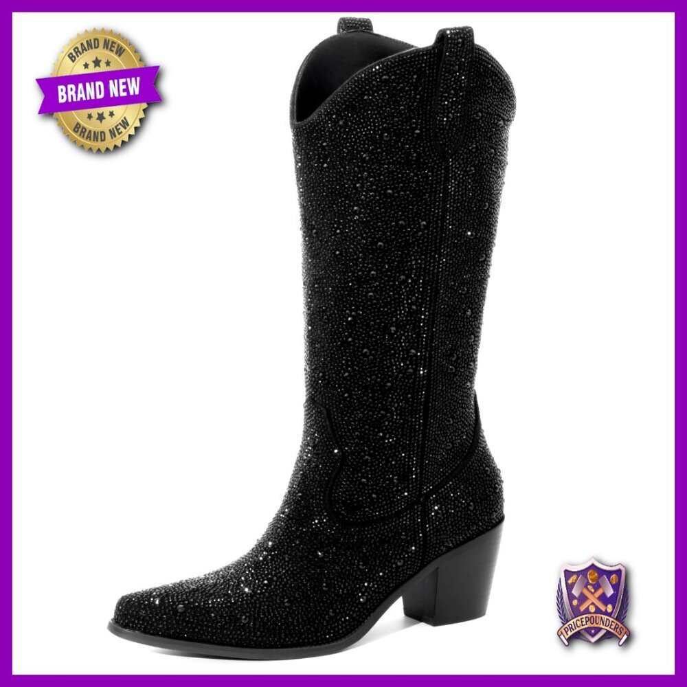 Rhinestone Cowboy Boots Sparkly Block Heel Mid Calf Pointed Toe Pull On Tabs